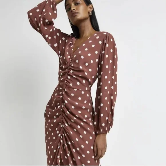 River Island Rust Brown & White Polka Dot Midi Dress - Picture 2 of 10